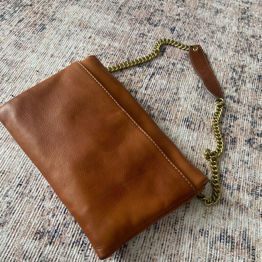 ๐SOLD J. Crew Tan Leather Chain Strap Envelope Clutch Shoulder Bag - Picture 7 of 8